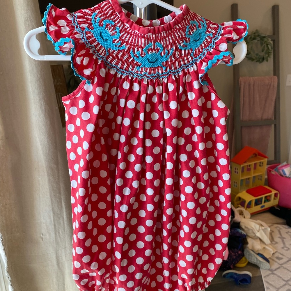 Red & White Polka Dot W/Blue Crab Smocked Bubble!